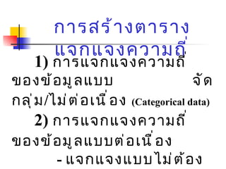 การสร้างตารางแจกแจงความถี่ 1)  การแจกแจงความถี่ของข้อมูลแบบ  จัดกลุ่ม / ไม่ต่อเนื่อง   ( Categorical data) 2)  การแจกแจงความถี่ของข้อมูลแบบต่อเนื่อง   -  แจกแจงแบบไม่ต้องจัดเป็นกลุ่ม   เป็นการเรียงลำดับคะแนน -  แจกแจงแบบจัดเป็นกลุ่ม 