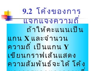 9.2  โค้งของการแจกแจงความถี่ ถ้าให้คะแนนเป็นแกน  X   และจำนวนความถี่ เป็นแกน  Y   เขียนกราฟเส้นแสดงความสัมพันธ์จะได้ โค้งของการแจกแจงความถี่ 