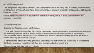 About this assignment:
This assignment requires students to conduct research into a HIE-only area of interest, improve skills
as consumers of research, and hone their proficiency as scholarly writers by producing an abbreviated
literature review.
Literature reviews are vital to educational research and they serve as a key component of the
graduate researches.
Assessment method:
Grading for this assignment will focus on:
1) how well the student satisfies the criteria: demonstrate knowledge of research processes (reading, evaluating,
and developing); perform literature reviews using print and online databases; employ American Psychological
Association (APA) formats for citations of print and electronic materials; define and develop a possible HIE research
interest area using specific research designs;
2) adherence to effective writing principles (including, but not limited to, the quality of the content,
clarity of expression, consistency of style and format, and active voice), and
3) compliance with APA (6th ed.) criteria
 
