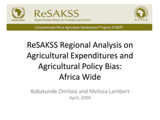 ReSAKSS Regional Analysis on
Agricultural Expenditures and
   Agricultural Policy Bias:
         Africa Wide
 Babatunde Omilola and Melissa Lambert
               April, 2009
 