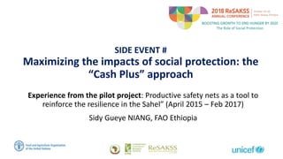 SIDE EVENT #
Maximizing the impacts of social protection: the
“Cash Plus” approach
Experience from the pilot project: Productive safety nets as a tool to
reinforce the resilience in the Sahel” (April 2015 – Feb 2017)
Sidy Gueye NIANG, FAO Ethiopia
 