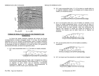 HIDRAULICA DE CANALES RESALTO HIDRAULICO
Por MSc . Ing Luis Sandoval 1er Semestre de 2015
FORMAS DE RESALTO EN CANALES CON PENDIENTE CASI
HORIZONTAL
La forma del resalto hidráulico depende del número de Fraude
correspondiente al tirante conjugado menor: F1=v1/√gy1. De los estudios
realizados por el U.S. Bureau of Reclamation sobre el resalto hidráulico,
dentro de los tanques amortiguadores como medio, para disipar la energía
en descargas ya sean en vertederos o en obras de toma, y en general en
estructuras terminales, se tienen los siguientes casos:
1) Si F1 está comprendido entre 1 y 1.7 se tiene un resalto ondulado,
así:
Cuado el valor del número de Fraude, vale 1 el régimen es crítico y
no se forma el resalto hidráulico. Para valores entre 1 y 1.7 se tiene
un régimen un poco menor que el subcrítico, formándose
ondulaciones ligeras en la superficie. Aproximadamente la
velocidad v2 es 30% menor que la velocidad crítica.
2) Si F1 está comprendido entre 1.7 y 2.5 se tiene un resalto débil, es
un régimen bastante uniforme, se designa por la etapa previa al
resalto, sin turbulencia activa.
3) Si F1 se encuentra entre 2.5 y 4.5 el resalto es oscilante, no se
forma un resalto propiamente dicho, y se dice que se tiene un
régimen de transición, se recomienda, cuando se tengan números
de Fraude dentro de este intervalo, variar las condiciones del
régimen (por ejemplo el caudal por unidad de longitud en el
vertedor), de manera que se estén fuera de un régimen de
transición.
4) Si F1 se encuentra entre 4.5 y 9.0 el resalto es estable y
equilibrado:
5) Si F1 es mayor que 9 se presenta un resalto fuerte e irregular:
 