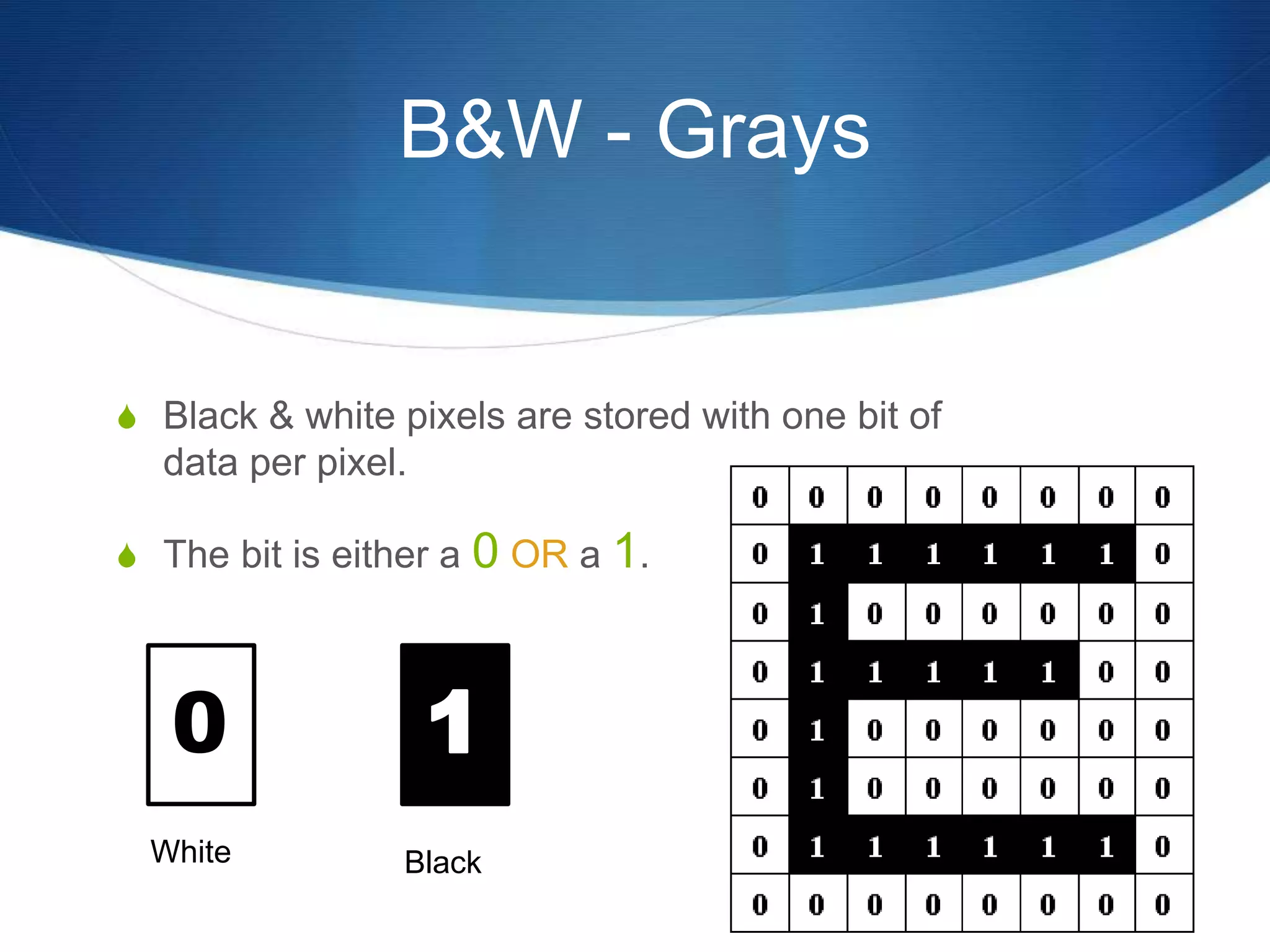 B&W - Grays
 Black & white pixels are stored with one bit of
data per pixel.
 The bit is either a 0 OR a 1.
0
Black
White
 