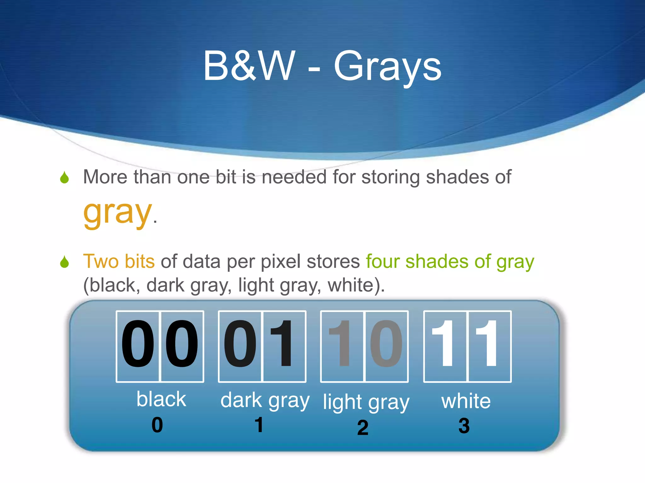 B&W - Grays
 More than one bit is needed for storing shades of
gray.
 Two bits of data per pixel stores four shades of gray
(black, dark gray, light gray, white).
 