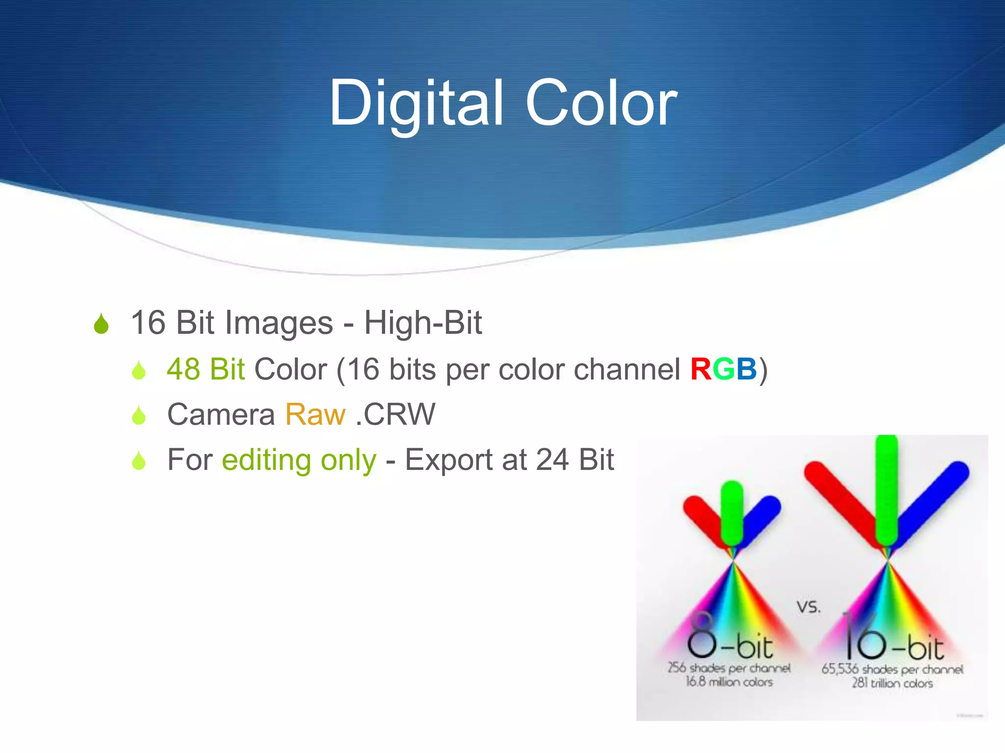 Digital Color
 16 Bit Images - High-Bit
 48 Bit Color (16 bits per color channel RGB)
 Camera Raw .CRW
 For editing only - Export at 24 Bit
 