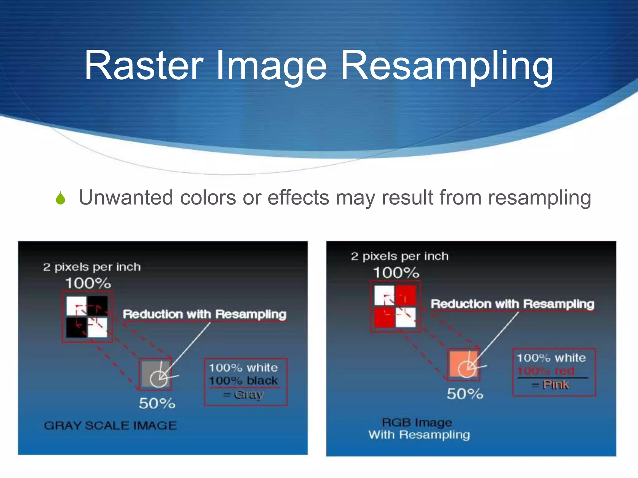 Raster Image Resampling
 Unwanted colors or effects may result from resampling
 