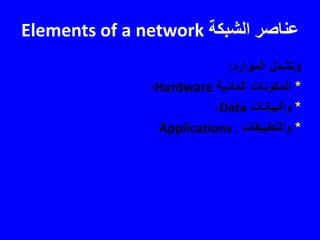 ‫الشبكة‬ ‫عناصر‬Elements of a network
‫الموارد‬ ‫وتشمل‬:
*‫المادية‬ ‫المكونات‬Hardware،
*‫والبيانات‬Data،
*‫والتطبيقات‬Applications .
 