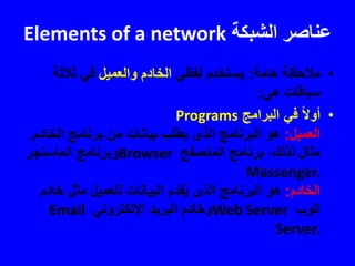 ‫الشبكة‬ ‫عناصر‬Elements of a network
•‫هامة‬ ‫مالحظة‬:‫لفظي‬ ‫يستخدم‬‫والعميل‬ ‫الخادم‬‫ثالثة‬ ‫في‬
‫هي‬ ‫سياقات‬:
•‫البرامج‬ ‫في‬ ً‫ال‬‫أو‬Programs
‫العميل‬:‫الخا‬ ‫برنامج‬ ‫من‬ ‫بيانات‬ ‫يطلب‬ ‫الذى‬ ‫البرنامج‬ ‫هو‬‫دم‬.
‫المتصفح‬ ‫برنامج‬ ،‫لذلك‬ ‫مثال‬Browser‫الماسنجر‬ ‫وبرنامج‬
Massenger.
‫الخادم‬:‫خ‬ ‫مثل‬ ‫للعميل‬ ‫البيانات‬ ‫قدم‬ُ‫ي‬ ‫الذى‬ ‫البرنامج‬ ‫هو‬‫ادم‬
‫الوب‬Web Server‫اإللكتروني‬ ‫البريد‬ ‫وخادم‬Email
Server.
 