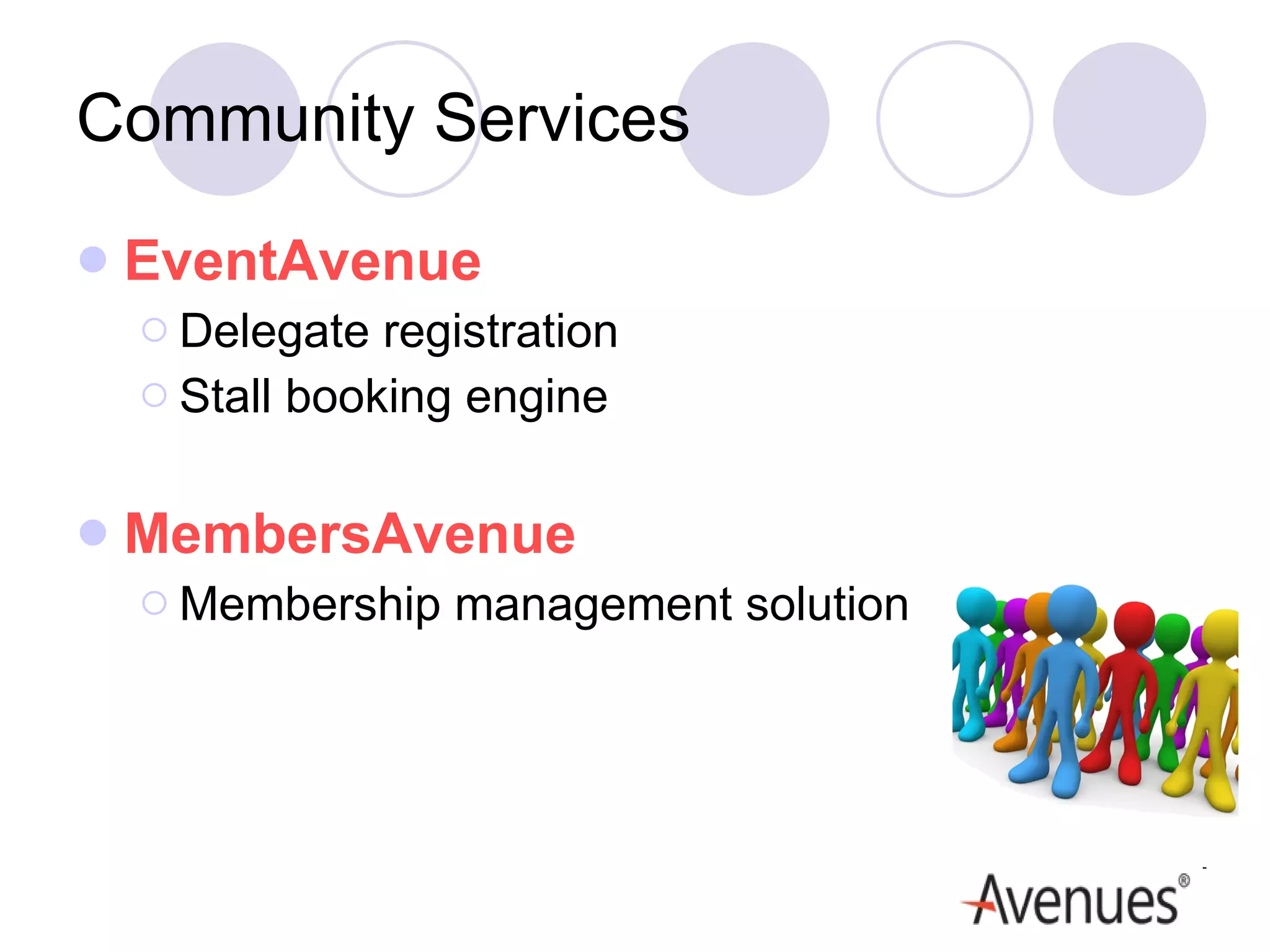 Community Services EventAvenue Delegate registration Stall booking engine MembersAvenue Membership management solution 