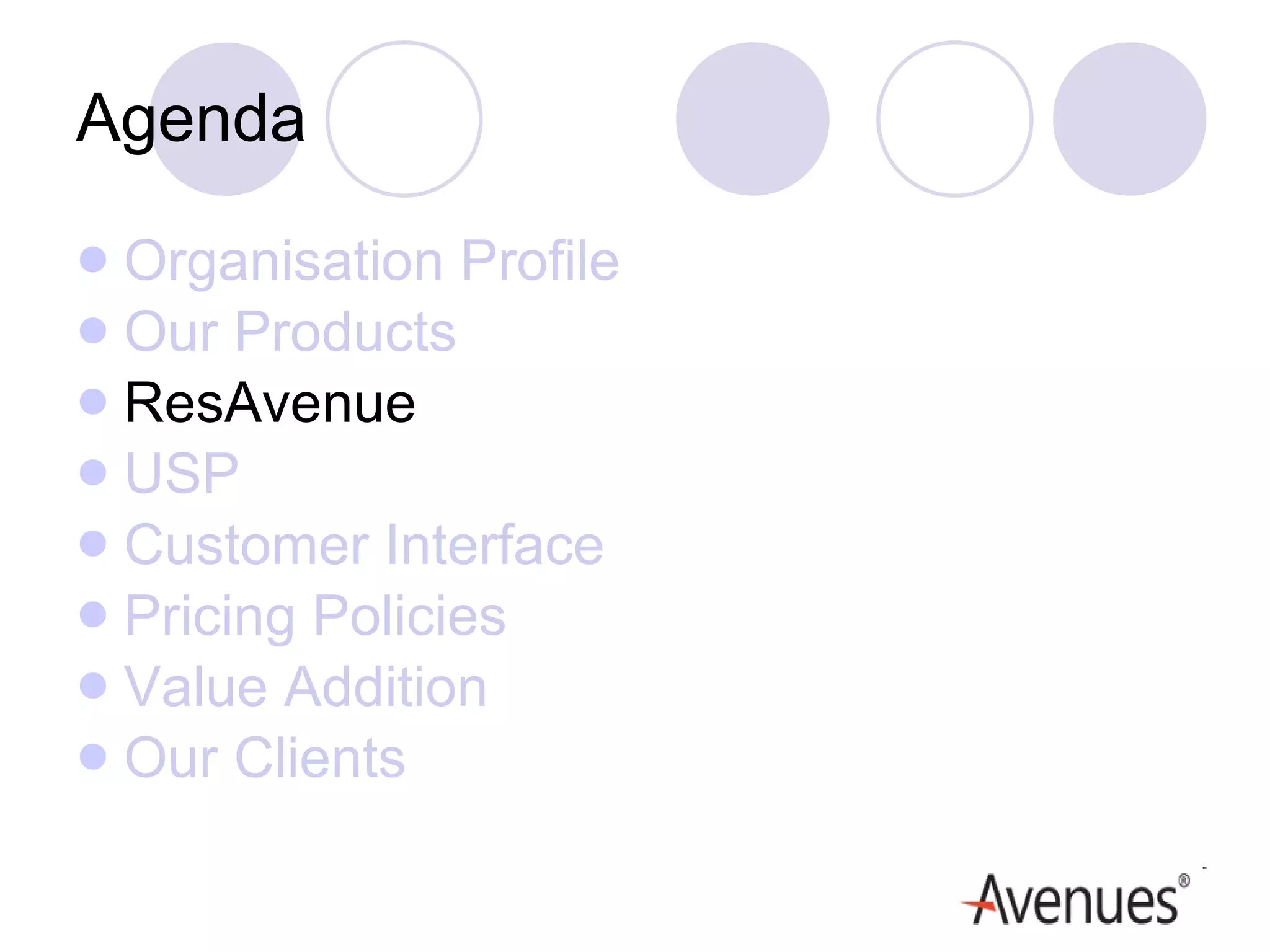 Agenda Organisation Profile Our Products ResAvenue USP Customer Interface Pricing Policies Value Addition Our Clients 