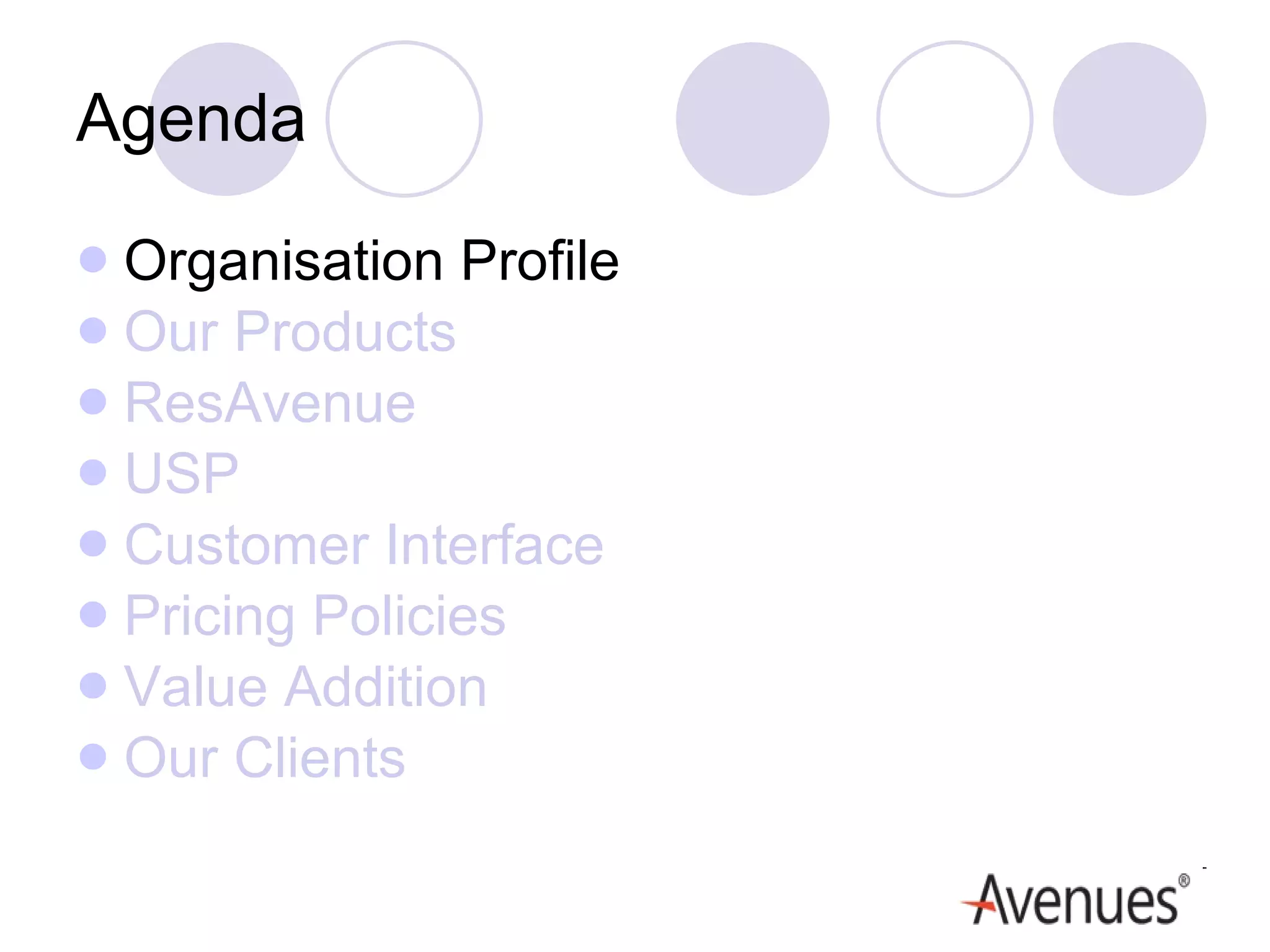 Agenda Organisation Profile Our Products ResAvenue USP Customer Interface Pricing Policies Value Addition Our Clients 