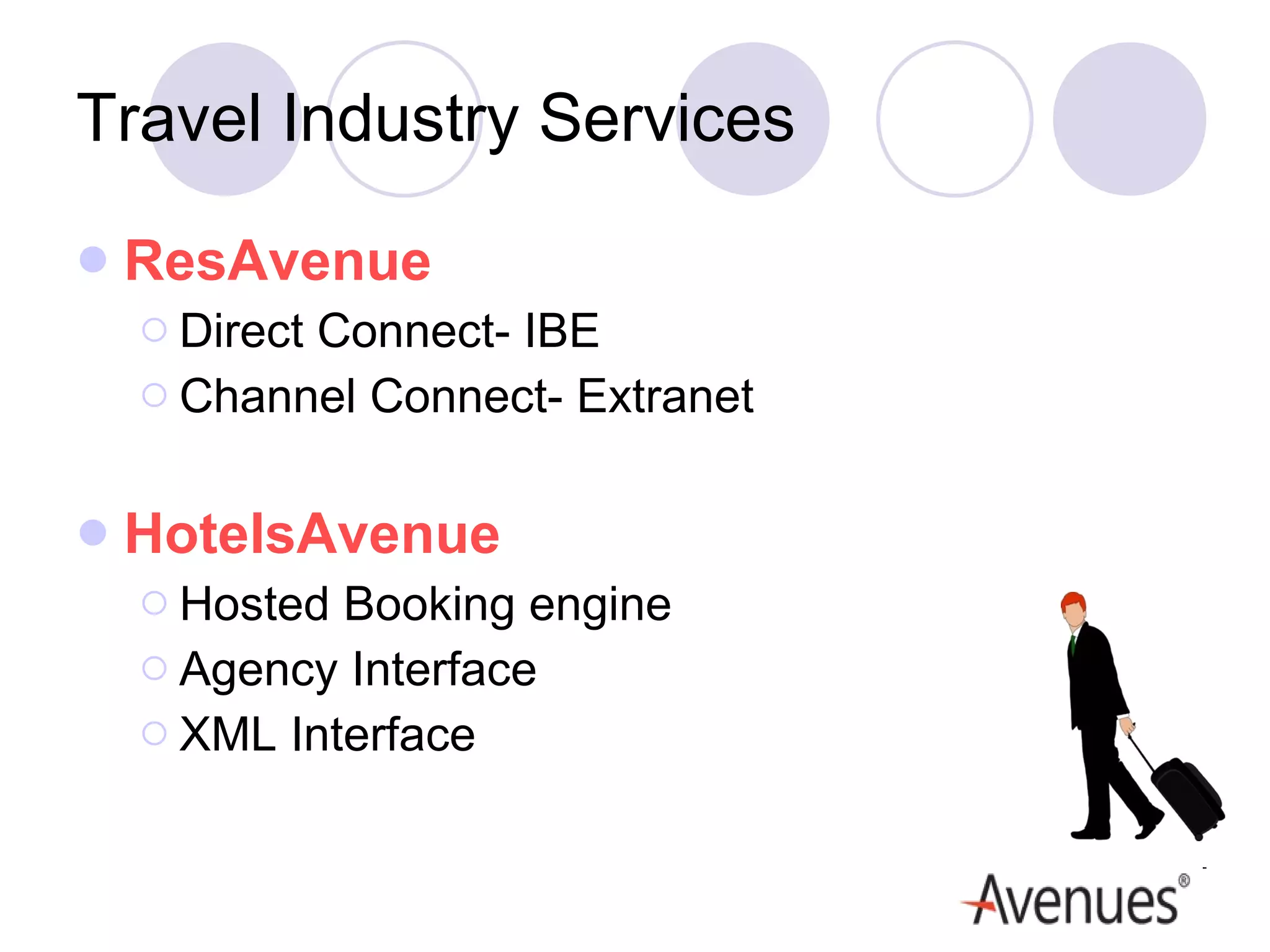 Travel Industry Services ResAvenue Direct Connect- IBE Channel Connect- Extranet HotelsAvenue Hosted Booking engine  Agency Interface XML Interface 