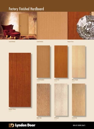 Many Lynden Door residential doors are available with options from the GreenDor™
line.
This includes no added urea-formaldehyde (NAUF) cores and other health and
environmental features.
CRAFTSMAN 6'8" / 7'0"
• 1-3/8" and 1-3/4"
• Hollow core, solid, 20-minute
• Smooth, primed surfaces
• Passage and Bifold
CONMORE™
6'8" / 7'0"
• 1-3/8" and 1-3/4"
• Hollow core, solid, 20-minute
• Smooth, primed surfaces
• Passage and Bifold
MADISON 6'8" / 7'0" / 8'0"
• 1-3/8" and 1-3/4"
• Hollow core, solid, 20-minute
• Smooth, primed surfaces
• Passage and Bifold
Lynden Door Inc. is third-party Chain of Custody
certified by the Forest Stewardship Council (FSC).
Health – No VOC factory finishes, No Added urea-formaldehyde (NAUF) components, CARB compliance
Resource Conservation – Reduced timber consumption
Forest Management – Ensuring the wood in Lynden Doors comes from well managed forests
LEED™
– Leadership in Energy and Environmental Design*
Many Lynden Door products may be ordered with attributes
from the GreenDor™
line. This supports green building under
the following disciplines:
With three models and two similar but distinct recessed panel sticking designs, Lynden Door is
a leader in interior door design for Craftsman, Arts & Crafts, American Bungalow, Shaker and
other traditional vernacular.
* GreenDor™ attributes may also be applicable to LEED for Homes, the National Green Building Standard™,
Regreen, Green Globes and North American home builder association programs (such as Built Green™).
800.631.DOOR (3667)
Craftsman Collection
Lynden Door Stepped Profile features
a graduated, or stepped reduction.
Available in CONMORE
Lynden Door Bevelled Profile more closely resembles a
Shaker or square profile.
Available in CRAFTSMAN & MADISON
5PANEL
3PANEL
1PANEL
Please verify Craftsman Collection individual size availability on the fold-out Sizing Chart.
www.lyndendoor.com Rediscover Doors.
 