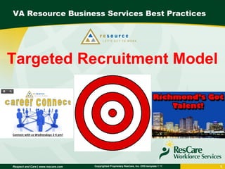 Respect and Care | www.rescare.com 1Copyrighted Proprietary ResCare, Inc. ERS template 1 11
VA Resource Business Services Best Practices
Targeted Recruitment Model
 