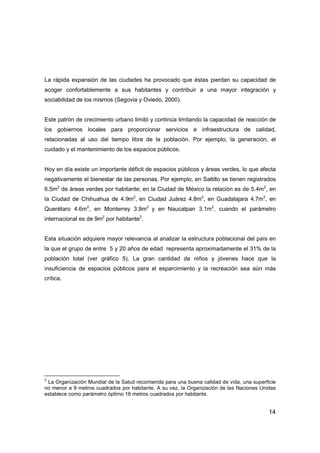 14
La rápida expansión de las ciudades ha provocado que éstas pierdan su capacidad de
acoger confortablemente a sus habitantes y contribuir a una mayor integración y
sociabilidad de los mismos (Segovia y Oviedo, 2000).
Este patrón de crecimiento urbano limitó y continúa limitando la capacidad de reacción de
los gobiernos locales para proporcionar servicios e infraestructura de calidad,
relacionadas al uso del tiempo libre de la población. Por ejemplo, la generación, el
cuidado y el mantenimiento de los espacios públicos.
Hoy en día existe un importante déficit de espacios públicos y áreas verdes, lo que afecta
negativamente el bienestar de las personas. Por ejemplo, en Saltillo se tienen registrados
6.5m2
de áreas verdes por habitante; en la Ciudad de México la relación es de 5.4m2
, en
la Ciudad de Chihuahua de 4.9m2
, en Ciudad Juárez 4.8m2
, en Guadalajara 4.7m2
, en
Querétaro 4.6m2
, en Monterrey 3.9m2
y en Naucalpan 3.1m2
, cuando el parámetro
internacional es de 9m2
por habitante3
.
Esta situación adquiere mayor relevancia al analizar la estructura poblacional del país en
la que el grupo de entre 5 y 20 años de edad representa aproximadamente el 31% de la
población total (ver gráfico 5). La gran cantidad de niños y jóvenes hace que la
insuficiencia de espacios públicos para el esparcimiento y la recreación sea aún más
crítica.
3
La Organización Mundial de la Salud recomienda para una buena calidad de vida, una superficie
no menor a 9 metros cuadrados por habitante. A su vez, la Organización de las Naciones Unidas
establece como parámetro óptimo 16 metros cuadrados por habitante.
 