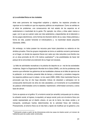 31
e) La actividad física en las ciudades
Ante este panorama de inseguridad subjetiva y objetiva, los espacios privados se
vigorizan en la medida en que los espacios públicos se empobrecen. Como se señala en
el árbol de problemas, una consecuencia del mal estado de los espacios es el
sedentarismo e inactividad de la gente. Por ejemplo, los niños y niñas salen menos a
jugar, con lo que se vuelven cada vez más sedentarios y dependientes de la televisión o
de los juegos electrónicos, como formas de diversión dentro de su casa. Estas prácticas y
forma de vida, pueden fomentar el individualismo y la inactividad desde pequeños
(Quesada, 2006).
Sin embargo, no todos poseen los recursos para hacer placentera su estancia en los
ámbitos privados. Para los grupos marginados se torna un auténtico encierro permanecer
en el hogar, en donde los espacios físicos son cada vez más reducidos (una familia vive
en un área promedio de 40 ó 50 metros cuadrados)16
y las posibilidades de hacer del
parque de la comunidad una extensión de su hogar son escasas.
La falta de actividades recreativas o la práctica de deporte es un mal de las sociedades
modernas. Según la Organización Mundial de la Salud (OMS), uno de los problemas más
severos que enfrentan los gobiernos de las localidades urbanas es la falta de ejercicio de
la población: si el individuo presenta falta de tiempo y motivación y considera inseguros
los espacios públicos que lo rodean, no los usará (OMS, 2006). Esta inactividad física ha
provocado que hoy en día haya elevados índices de obesidad y sobrepeso con la
consecuente disminución de años de vida saludables y el incremento en la probabilidad
de padecer enfermedades como la diabetes, hipertensión, enfermedad coronaria y varios
tipos de cáncer.
Como se aprecia en el gráfico 10, el entorno social (en amarillo) compuesto por la cultura,
la cohesión social, el ingreso, la equidad y el apoyo social; junto con el entorno físico (en
verde) representado por el diseño urbano, el uso de la tierra, las áreas verdes y el
transporte, constituyen fuertes determinantes de la actividad física del individuo.
Precisamente, el entorno físico es el más fácil y rápido de modificar por el gobierno y los
16
Estimación propia a partir de las dimensiones entre las casas de interés social y el número de
habitantes para los cuales están construidas.
 