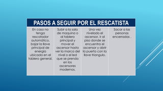 PASOS A SEGUIR POR EL RESCATISTA
En caso no
tenga
rescatador
automático,
bajar la llave
principal de
energía
ubicada en el
tablero general.
Subir a la sala
de maquina o
al tablero
principal y
mover el
ascensor hasta
ver la marca del
nivel o el led
que se prenda
en los
ascensores
modernos.
Una vez
nivelado el
ascensor, ir al
piso donde se
encuentra el
ascensor y abrir
la puerta con la
llave triangulo.
Sacar a las
personas
encerradas .
 