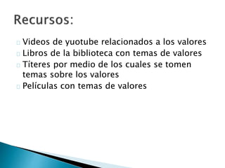 Videos de yuotube relacionados a los valores
Libros de la biblioteca con temas de valores
Títeres por medio de los cuales se tomen
temas sobre los valores
Películas con temas de valores
 