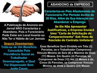 ABANDONO de EMPREGO
Caracteriza-se Pelo Afastamento do
Funcionário Por Período Acima de
30 Dias, Além da Sua Intenção em
Abandonar o Emprego
Se Ele Não Apresentar
Justificativas, a Empresa Enviará
Uma “Carta de Solicitação de
Comparecimento” Sob Pena de
Rescisão do Contrato Unilateral
A Publicação de Anúncio em
Jornal NÃO Caracteriza o
Abandono, Pois o Funcionário
Pode Estar em Local Incerto ou
Não Ter o Hábito de Ler Jornais
Seguro Desemprego:
Trata-se de Um Benefício
Concedido Pela
Previdência Social ao
Trabalhador
Desempregado, o Qual
Foi Dispensado Sem
Justa Causa
Esse Benefício Será Dividido em Três (3)
Parcelas, se o Trabalhador Comprovou
Vínculo Mínimo de Seis (6) e Máximo de Onze
(11) Meses. Em Quatro (4) Parcelas, se
Comprovar de Doze (12) Até 23 Meses e de,
Cinco (5) Parcelas, se Comprovar Vínculo
Mínimo de Vinte e Quatro (24) Meses
 