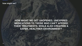 HOW MIGHT WE GET UNOPENED, UNEXPIRED
MEDICATIONS TO THOSE WHO CAN’T AFFORD
THEIR TREATMENTS, WHILE ALSO CREATING A
SAFER, ...
