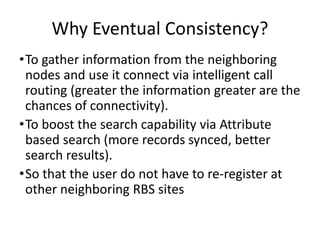 Why Eventual Consistency?
•To gather information from the neighboring
nodes and use it connect via intelligent call
routin...