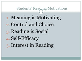 Students’ Reading Motivations Meaning is Motivating Control and Choice Reading is Social Self-Efficacy Interest in Reading 