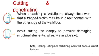 Insp Vijay kumar 11
When breaching a wall/floor , always be aware
that a trapped victim may be in direct contact with
the other side of the wall/floor.
Avoid cutting too deeply to prevent damaging
structural elements, wires, water pipes etc.
Cutting &
penetrating
Note: Shoring, Lifting and stabilizing loads will discuss in next
lessons.
 