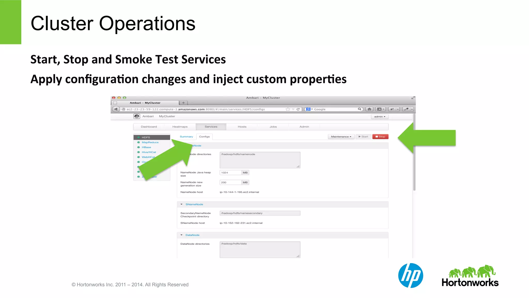 Cluster Operations 
Start, 
Stop 
and 
Smoke 
Test 
Services 
Apply 
configuraBon 
changes 
and 
inject 
custom 
properBes 
© Hortonworks Inc. 2011 – 2014. All Rights Reserved 
 