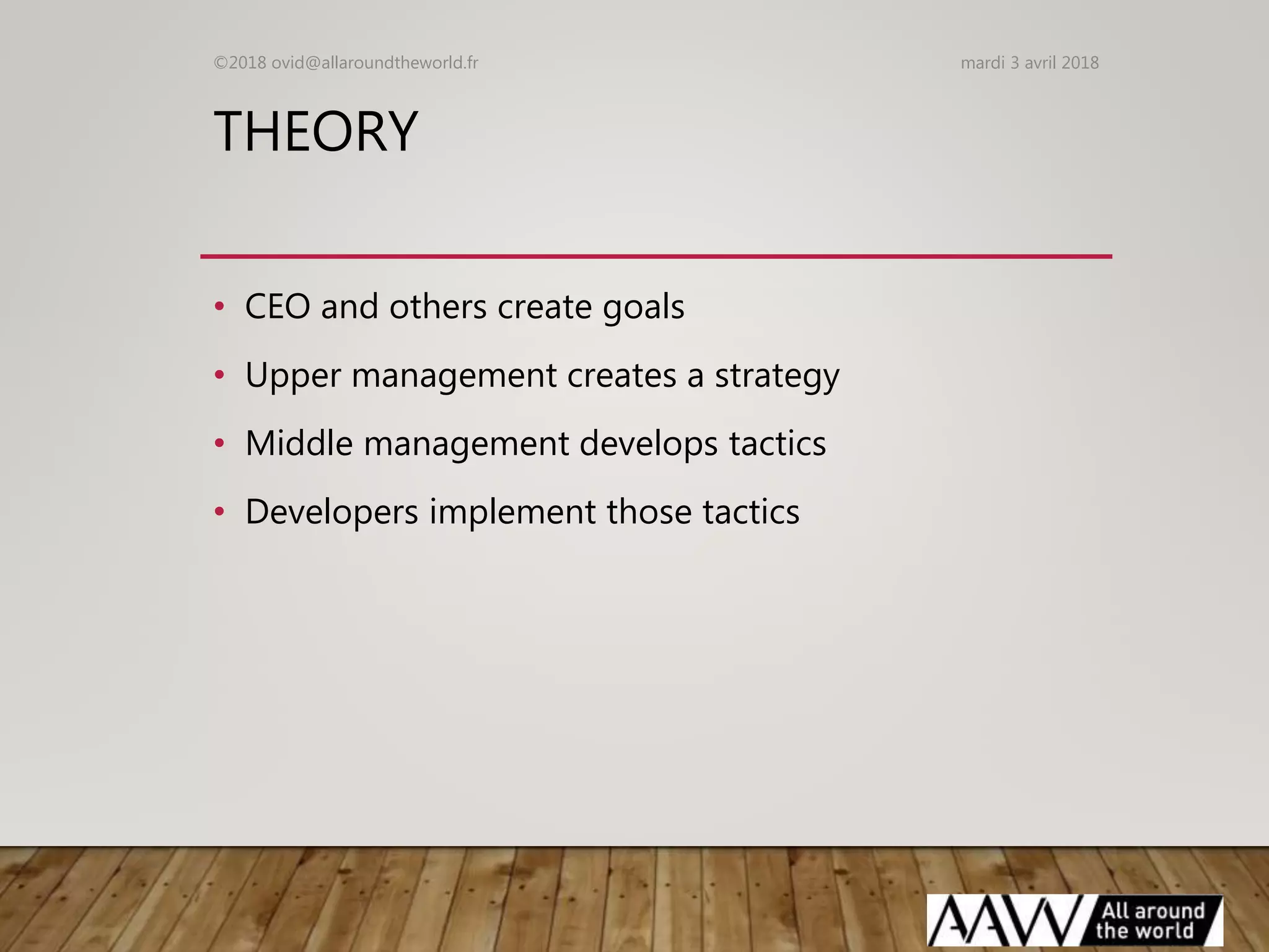 THEORY
• CEO and others create goals
• Upper management creates a strategy
• Middle management develops tactics
• Developers implement those tactics
mardi 3 avril 2018©2018 ovid@allaroundtheworld.fr
 