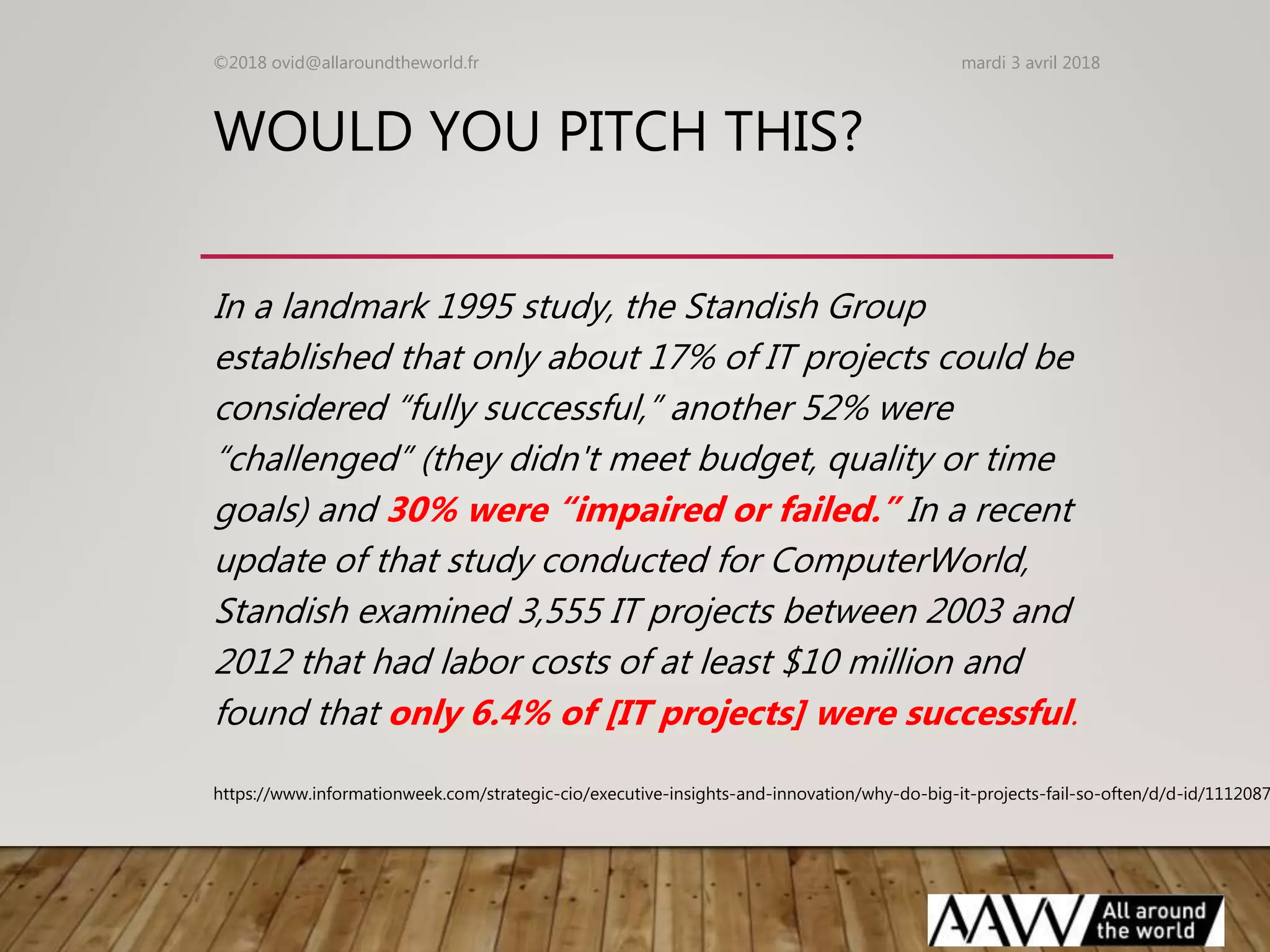 WOULD YOU PITCH THIS?
In a landmark 1995 study, the Standish Group
established that only about 17% of IT projects could be
considered “fully successful,” another 52% were
“challenged” (they didn't meet budget, quality or time
goals) and 30% were “impaired or failed.” In a recent
update of that study conducted for ComputerWorld,
Standish examined 3,555 IT projects between 2003 and
2012 that had labor costs of at least $10 million and
found that only 6.4% of [IT projects] were successful.
mardi 3 avril 2018©2018 ovid@allaroundtheworld.fr
https://www.informationweek.com/strategic-cio/executive-insights-and-innovation/why-do-big-it-projects-fail-so-often/d/d-id/1112087
 