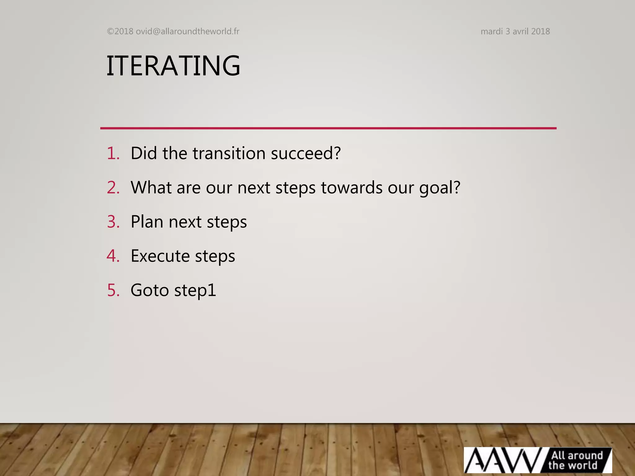ITERATING
1. Did the transition succeed?
2. What are our next steps towards our goal?
3. Plan next steps
4. Execute steps
5. Goto step1
mardi 3 avril 2018©2018 ovid@allaroundtheworld.fr
 