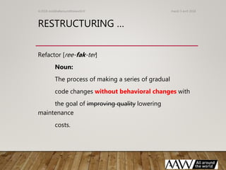 RESTRUCTURING …
Refactor [ree-fak-ter]
Noun:
The process of making a series of gradual
code changes without behavioral cha...