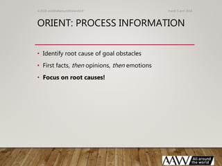 ORIENT: PROCESS INFORMATION
• Identify root cause of goal obstacles
• First facts, then opinions, then emotions
• Focus on...