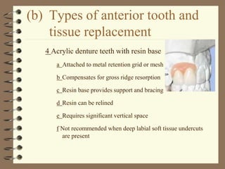 (b) Types of anterior tooth and
tissue replacement
4 Acrylic denture teeth with resin base
a Attached to metal retention grid or mesh
b Compensates for gross ridge resorption
c Resin base provides support and bracing
d Resin can be relined
e Requires significant vertical space
f Not recommended when deep labial soft tissue undercuts
are present
 