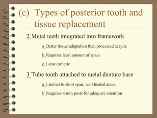 (c) Types of posterior tooth and
tissue replacement
2 Metal teeth integrated into framework
a Better tissue adaptation than processed acrylic
b Requires least amount of space
c Least esthetic
3 Tube tooth attached to metal denture base
a Limited to short span, well healed areas
b Requires 4 mm posts for adequate retention
 