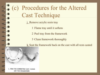 (c) Procedures for the Altered
Cast Technique
j Remove acrylic resin tray
1 Flame tray until it softens
2 Peel tray from the framework
3 Clean framework thoroughly
k Seat the framework back on the cast with all rests seated
 