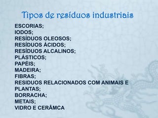 Tipos de resíduos industriais
ESCORIAS;
IODOS;
RESÍDUOS OLEOSOS;
RESÍDUOS ÁCIDOS;
RESÍDUOS ALCALINOS;
PLÁSTICOS;
PAPÉIS;
MADEIRA;
FIBRAS;
RESIDUOS RELACIONADOS COM ANIMAIS E
PLANTAS;
BORRACHA;
METAIS;
VIDRO E CERÂMCA
 