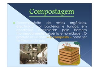 Decomposição          de restos orgânicos,
efectuada por bactérias e fungos, em
condições controladas pelo Homem
(nomeadamente oxigénio e humidade). O
produto resultante – o composto – pode ser
fertilizante de solo.
 
