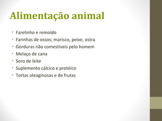 Alimentação animal
• Farelinho e remoído
• Farinhas de ossos; marisco, peixe, ostra
• Gorduras não comestíveis pelo homem
• Melaço de cana
• Soro de leite
• Suplemento cálcico e protéico
• Tortas oleaginosas e de frutas
 