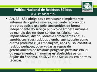 Política Nacional de Resíduos Sólidos
  O que diz a nova legislação sobre os rejeitos?
                 (Lei 12.305/2010)
  • Art. 33. São obrigados a estruturar e implementar
     sistemas de logística reversa, mediante retorno dos
Art. 36. No âmbito da responsabilidade compartilhada pelo ciclo de vida dos
produtos, cabe ao titularo uso pelopúblicos de limpeza urbana e de manejo
     produtos após dos serviços consumidor, de forma
     independente do serviço público de limpeza urbana e
de resíduos sólidos, observado, se houver, o plano municipal de gestão
     de manejo dos resíduos sólidos, os fabricantes,
integrada de resíduos sólidos:
     importadores, distribuidores e comerciantes de: I -
... agrotóxicos, seus resíduos e embalagens, assim como
     outros produtos cuja embalagem, após o uso, constitua
     resíduo perigoso, observadas as regras de
VI - dar disposição final ambientalmente adequada aos resíduos e rejeitos
     gerenciamento de resíduos perigosos previstas em lei
oriundos dos serviços públicos de limpeza urbana e de manejo de resíduos
     ou regulamento, em normas estabelecidas pelos
sólidos.
     órgãos do Sisnama, do SNVS e do Suasa, ou em normas
     técnicas;
 