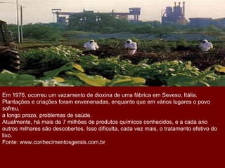                                                         Em 1976, ocorreu um vazamento de dioxina de uma fábrica em Seveso, Itália.  Plantações e criações foram envenenadas, enquanto que em vários lugares o povo sofreu,  a longo prazo, problemas de saúde. Atualmente, há mais de 7 milhões de produtos químicos conhecidos, e a cada ano outros milhares são descobertos. Isso dificulta, cada vez mais, o tratamento efetivo do lixo. Fonte: www.conhecimentosgerais.com.br 