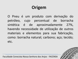 Origem
O Pneu é um produto com derivação do
petróleo, cujo percentual de borracha
sintética é de aproximadamente 27%,
havendo necessidade de utilização de outros
materiais e elementos para sua fabricação,
como: borracha natural; carbono; aço; tecido;
etc.

Faculdade Cenecista Nossa Senhora dos Anjos - FACENSA

 
