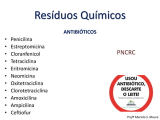 Resíduos Químicos
ANTIBIÓTICOS
• Penicilina
• Estreptomicina
• Cloranfenicol
• Tetraciclina
• Eritromicina
• Neomicina
• Oxitetraciclina
• Clorotetraciclina
• Amoxicilina
• Ampicilina
• Ceftiofur
Profª Mariela S. Moura
PNCRC
 