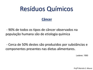 Resíduos Químicos
Câncer
- 90% de todos os tipos de câncer observados na
população humana são de etiologia química
- Cerca de 50% destes são produzidos por substâncias e
componentes presentes nas dietas alimentares.
Lederer, 1990
Profª Mariela S. Moura
 