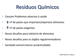 Resíduos Químicos
Causam Problemas adversos à saúde
nº de países que importam/exportam alimentos
nº de países exigentes
Novos desafios para indústria de alimentos
Novos desafios para os órgãos regulamentadores
Sanidade animal (menor produtividade)
Profª Mariela S. Moura
 