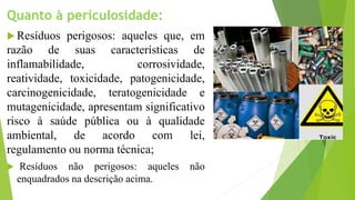 Quanto à periculosidade:
 Resíduos perigosos: aqueles que, em
razão de suas características de
inflamabilidade, corrosividade,
reatividade, toxicidade, patogenicidade,
carcinogenicidade, teratogenicidade e
mutagenicidade, apresentam significativo
risco à saúde pública ou à qualidade
ambiental, de acordo com lei,
regulamento ou norma técnica;
 Resíduos não perigosos: aqueles não
enquadrados na descrição acima.
 