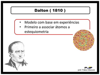 Dalton ( 1810 )
prof. Fábio Oisiovici
• Modelo com base em experiências
• Primeiro a associar átomos a
estequiometria
 