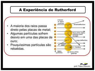 A Experiência de Rutherford
prof. Fábio Oisiovici
• A maioria dos raios passa
direto pelas placas de metal;
• Algumas partículas sofrem
desvio em uma das placas de
ouro;
• Pouquíssimas partículas são
rebatidas.
 