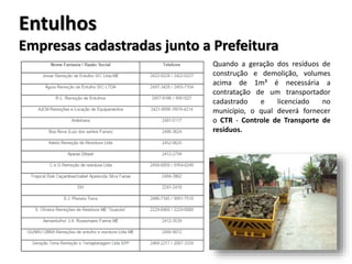 Entulhos
Empresas cadastradas junto a Prefeitura
Quando a geração dos resíduos de
construção e demolição, volumes
acima de 1m³ é necessária a
contratação de um transportador
cadastrado e licenciado no
município, o qual deverá fornecer
o CTR - Controle de Transporte de
resíduos.
 