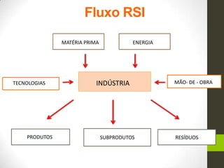 Fluxo RSI
INDÚSTRIA
ENERGIAMATÉRIA PRIMA
MÃO- DE - OBRATECNOLOGIAS
PRODUTOS SUBPRODUTOS RESÍDUOS
 